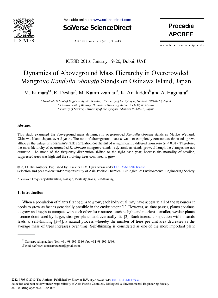 Dynamics of Aboveground Mass Hierarchy in Overcrowded Mangrove Kandelia Obovata Stands on Okinawa Island, Japan 
