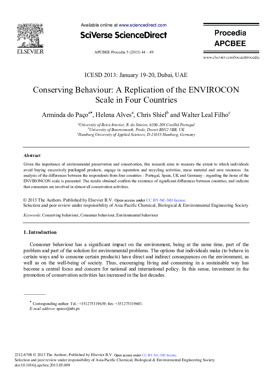 Conserving Behaviour: A Replication of the ENVIROCON Scale in Four Countries 