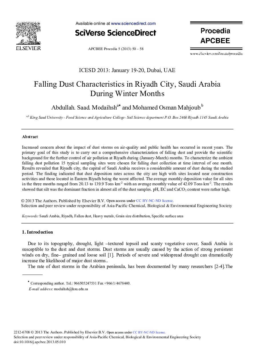 Falling Dust Characteristics in Riyadh City, Saudi Arabia During Winter Months 