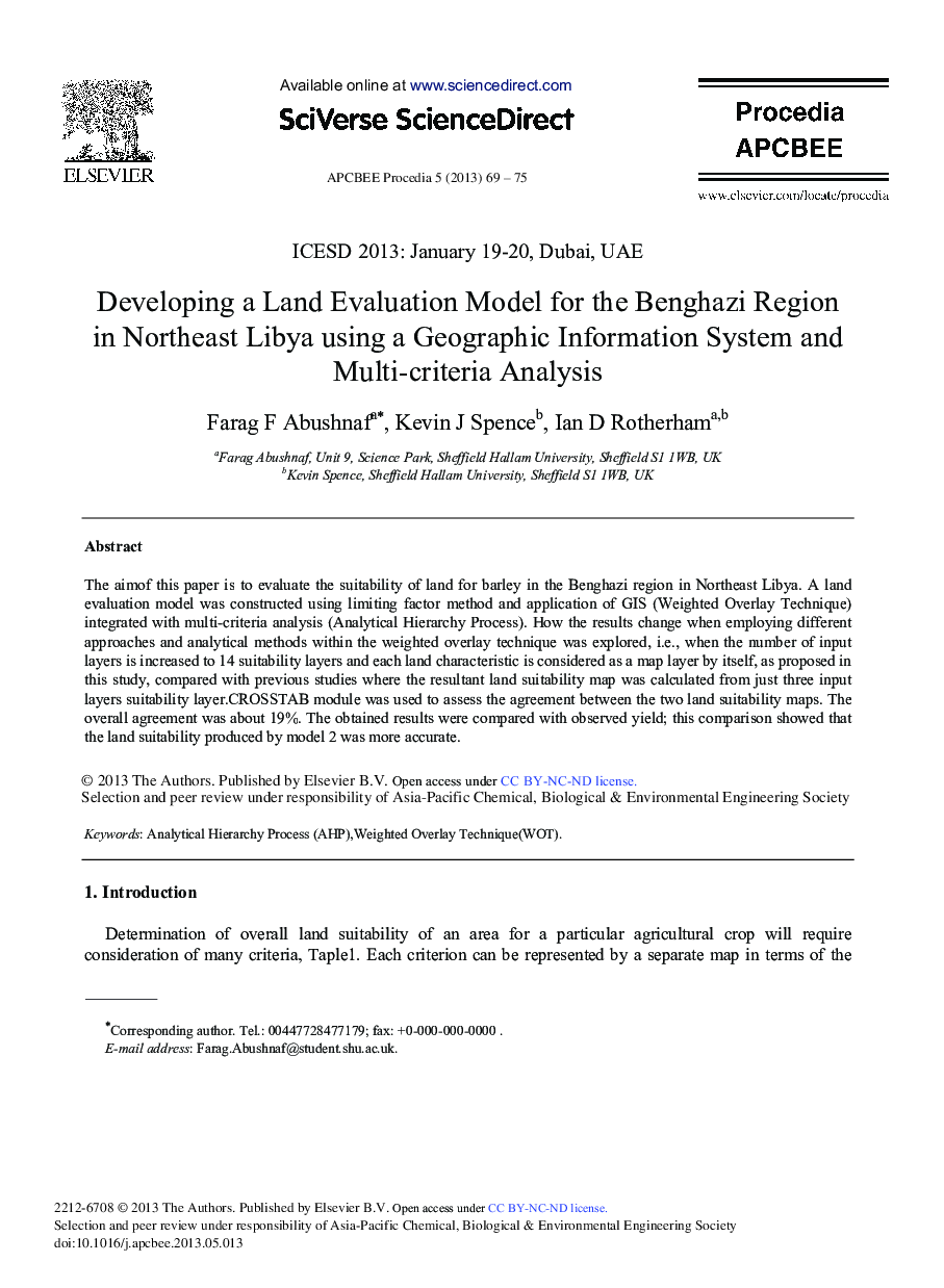 Developing a Land Evaluation Model for the Benghazi Region in Northeast Libya using a Geographic Information System and Multi-criteria Analysis 