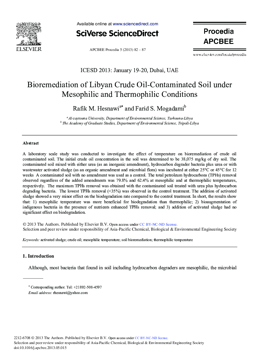 Bioremediation of Libyan Crude Oil-Contaminated Soil under Mesophilic and Thermophilic Conditions 