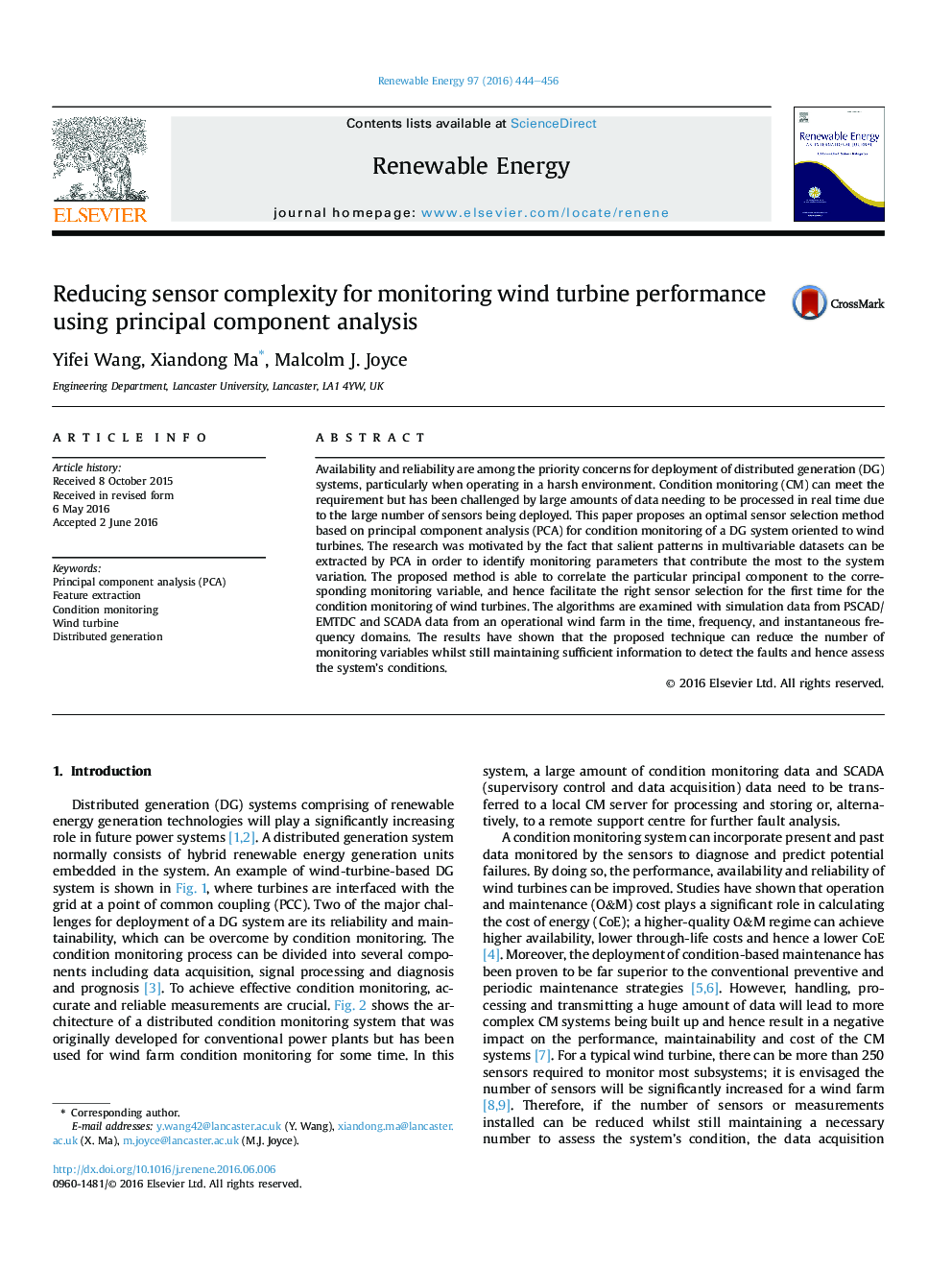 Reducing sensor complexity for monitoring wind turbine performance using principal component analysis