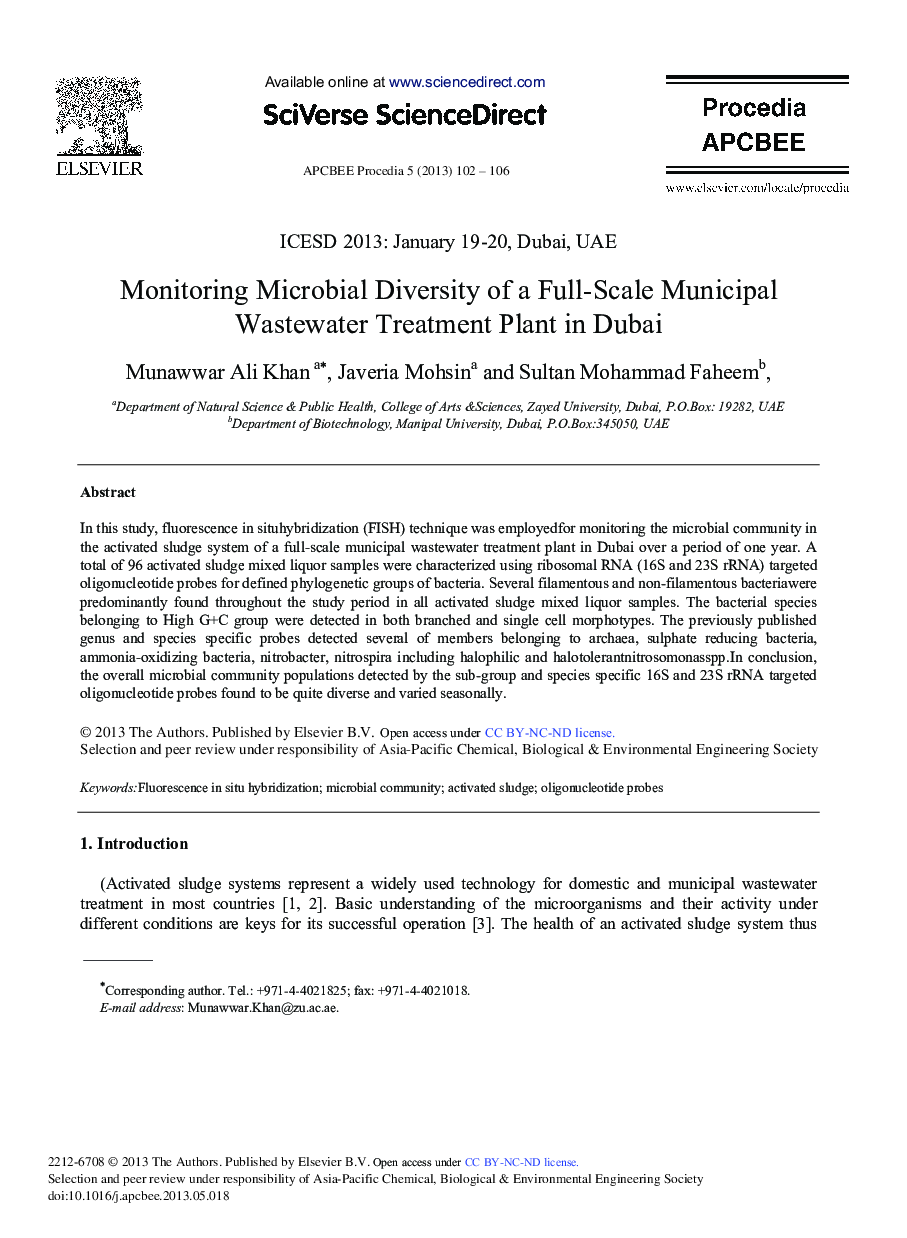 Monitoring Microbial Diversity of a Full-Scale Municipal Wastewater Treatment Plant in Dubai 