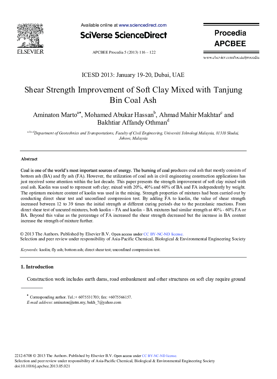 Shear Strength Improvement of Soft Clay Mixed with Tanjung Bin Coal Ash 