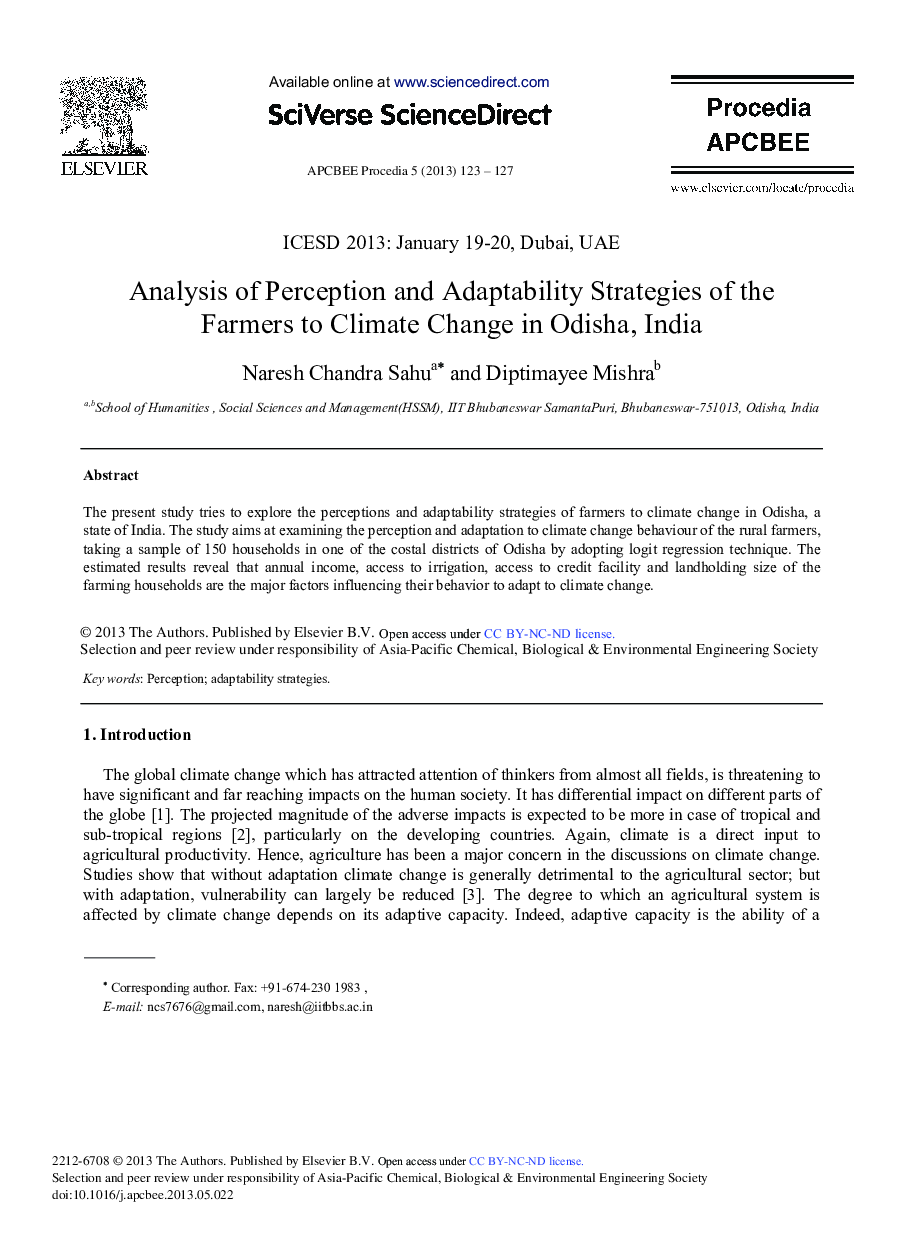 Analysis of Perception and Adaptability Strategies of the Farmers to Climate Change in Odisha, India 
