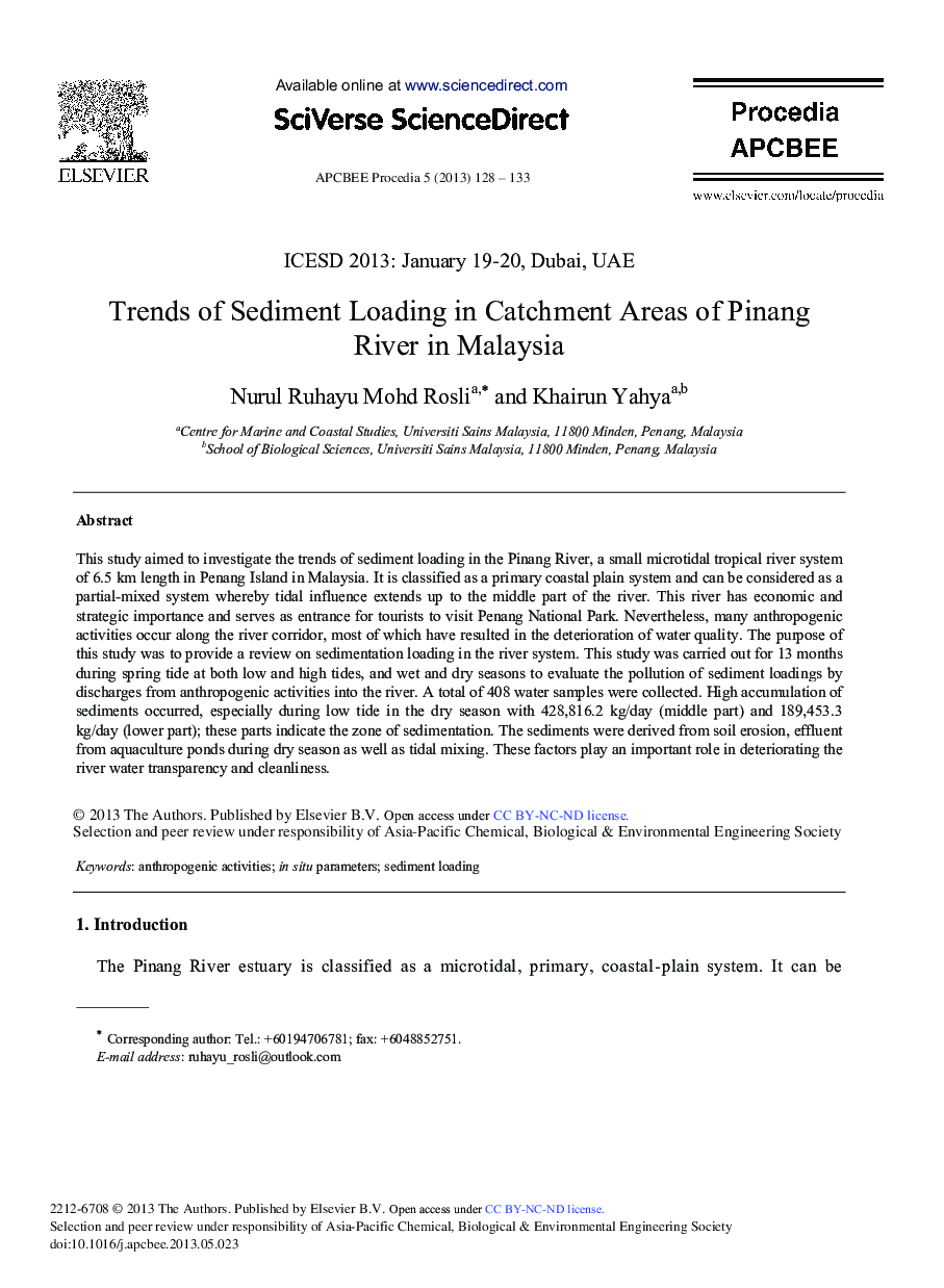 Trends of Sediment Loading in Catchment Areas of Pinang River in Malaysia 