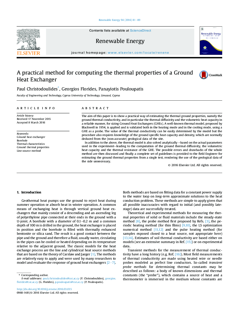 A practical method for computing the thermal properties of a Ground Heat Exchanger