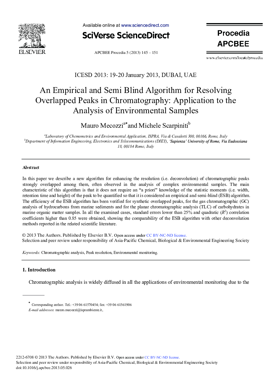 An Empirical and Semi Blind Algorithm for Resolving Overlapped Peaks in Chromatography: Application to the Analysis of Environmental Samples 