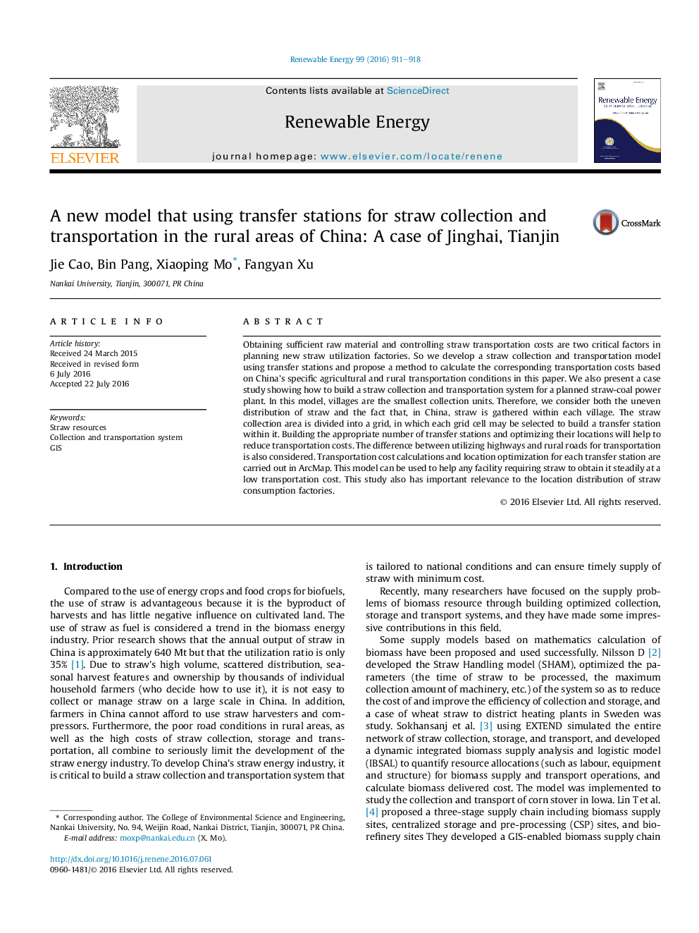 عکس صفحه اول مقاله: A new model that using transfer stations for straw collection and transportation in the rural areas of China: A case of Jinghai, Tianjin A new model that using transfer stations for straw collection and transportation in the rural areas of China: A case of Jinghai, Tianjin
