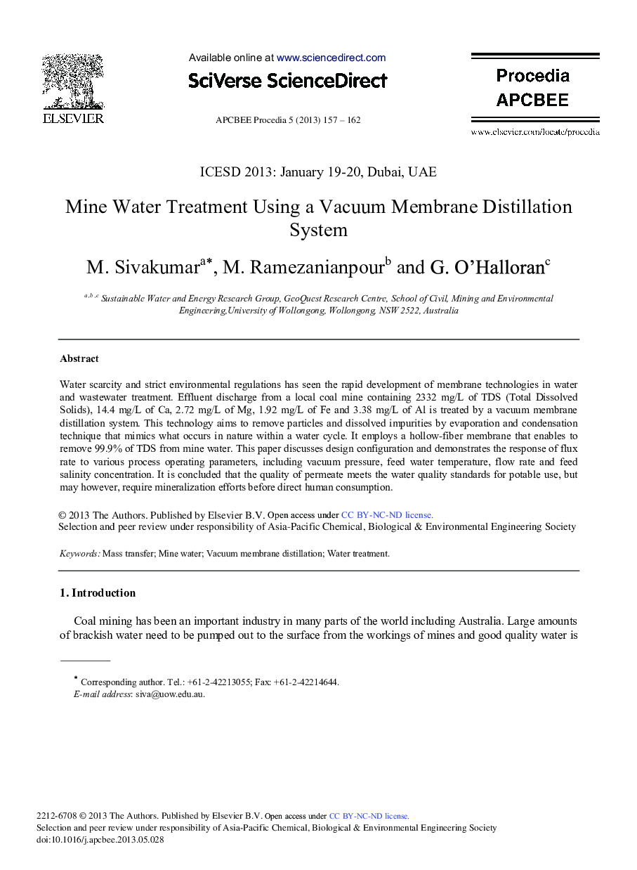 Mine Water Treatment Using a Vacuum Membrane Distillation System 