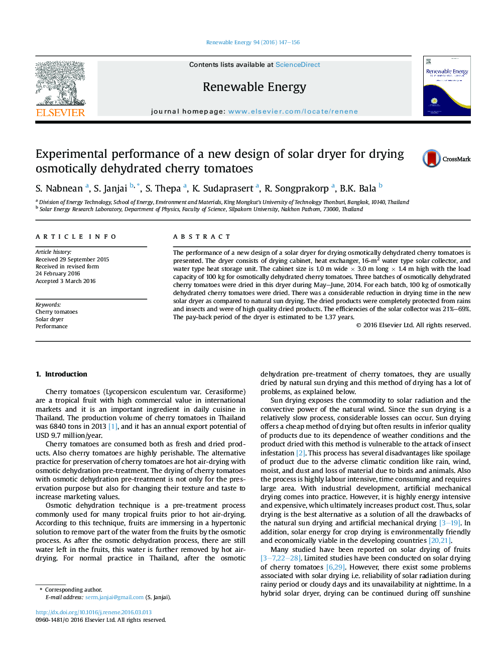 Experimental performance of a new design of solar dryer for drying osmotically dehydrated cherry tomatoes