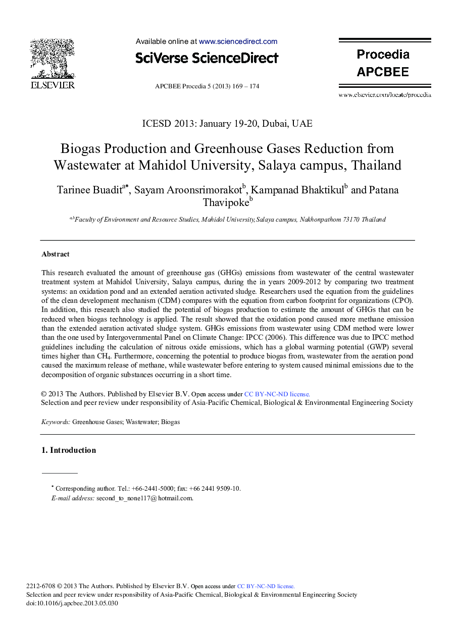 Biogas Production and Greenhouse Gases Reduction from Wastewater at Mahidol University, Salaya Campus, Thailand 