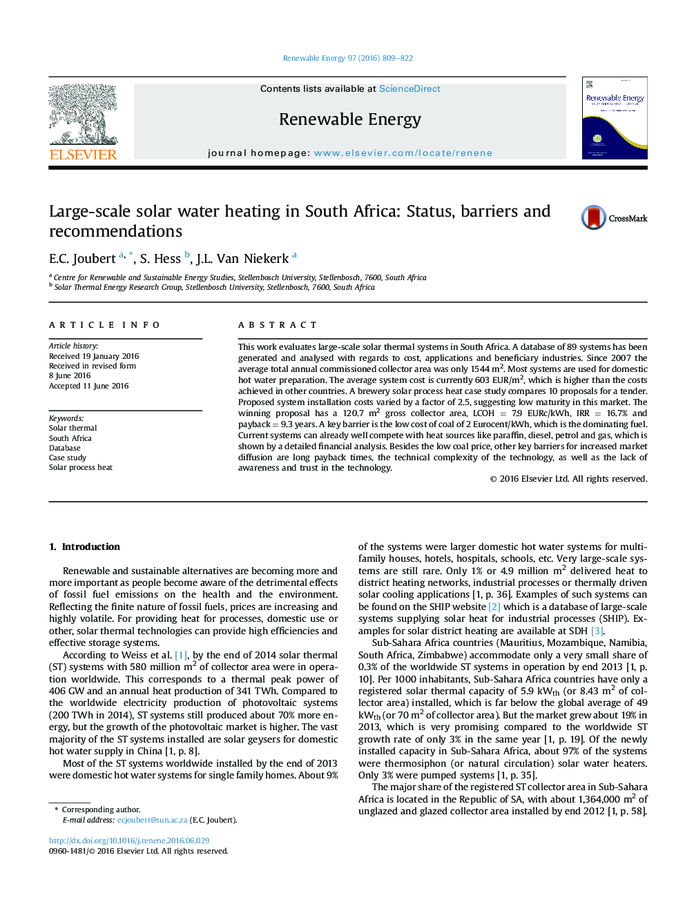 Large-scale solar water heating in South Africa: Status, barriers and recommendations