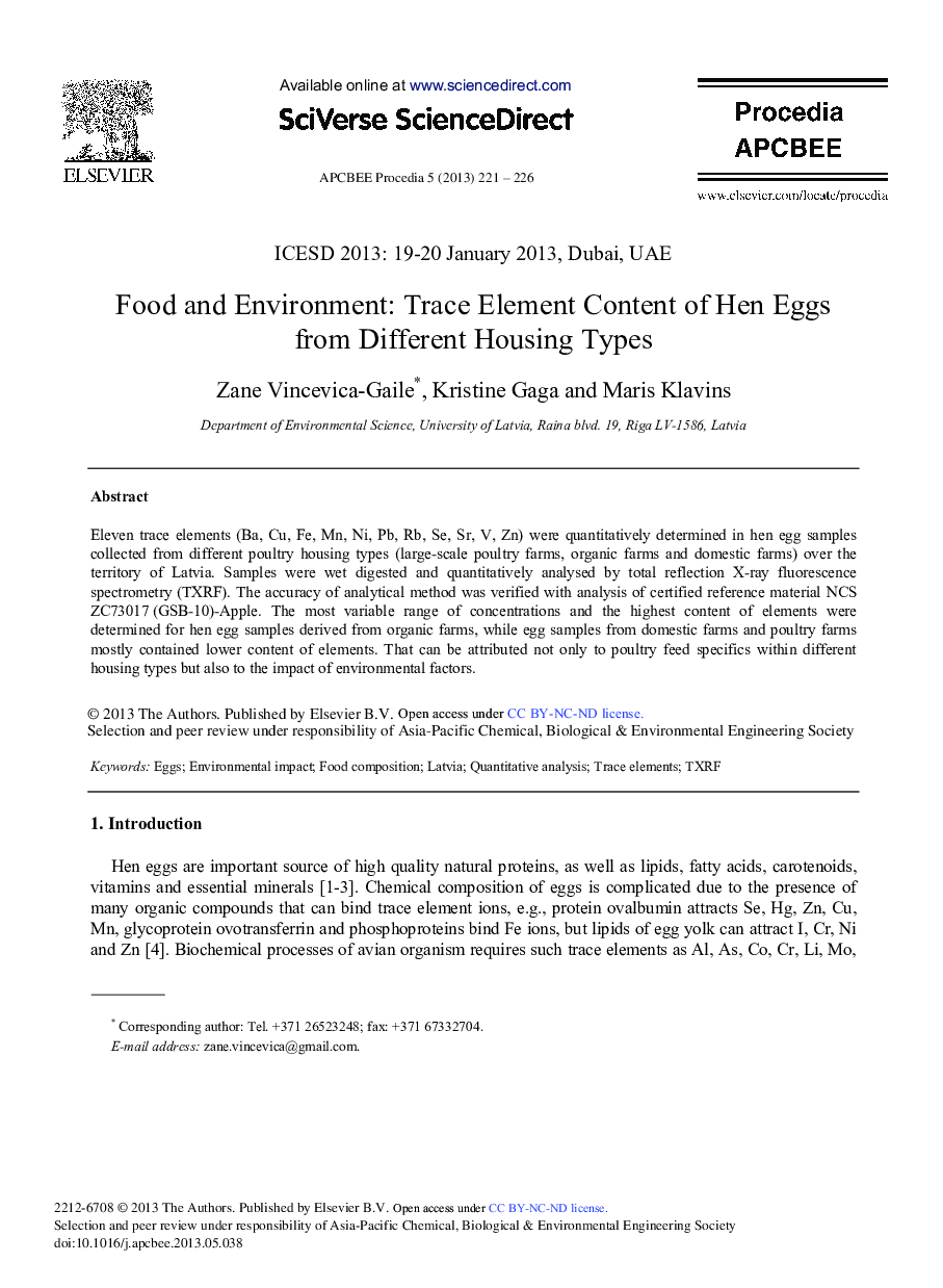 Food and Environment: Trace Element Content of Hen Eggs from Different Housing Types 
