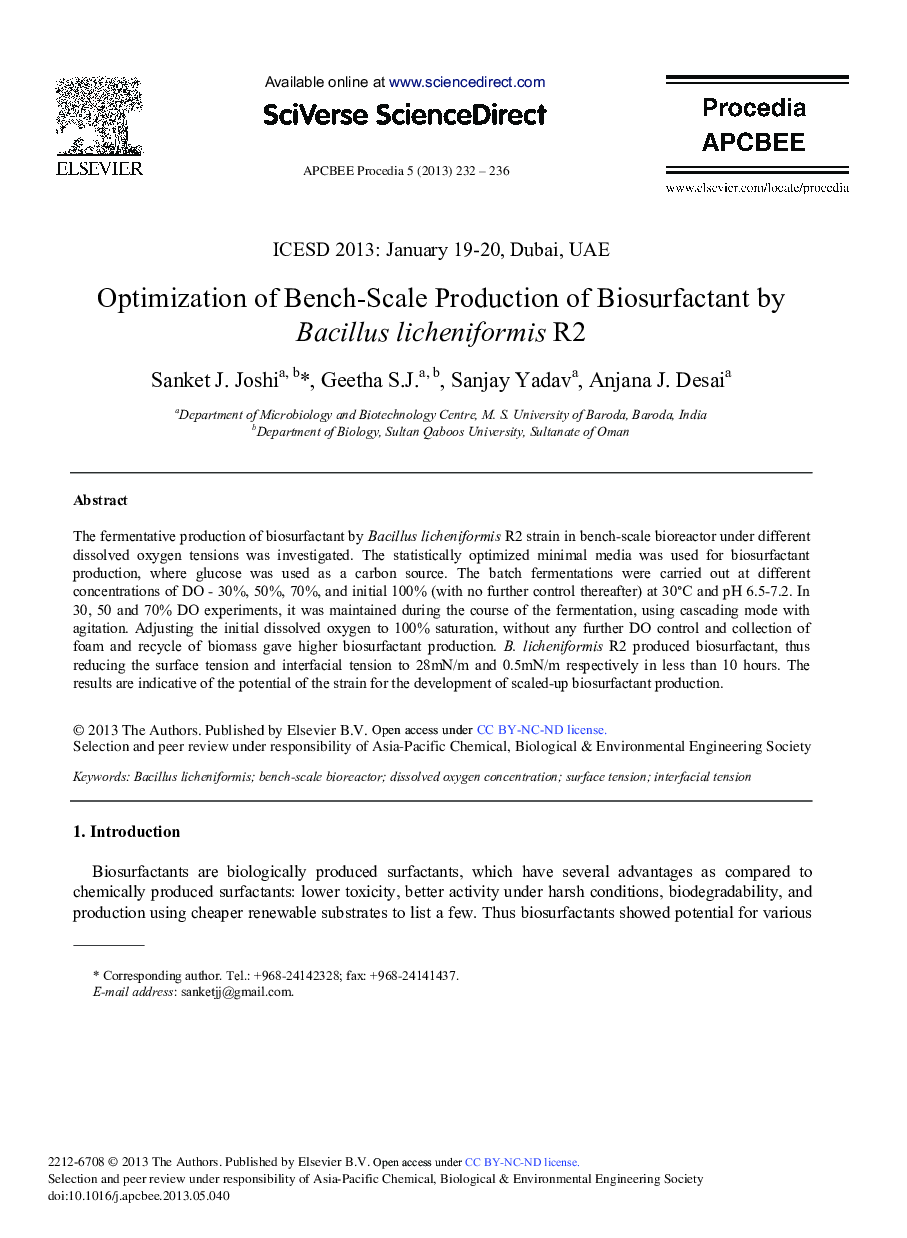 Optimization of Bench-Scale Production of Biosurfactant by Bacillus Licheniformis R2 
