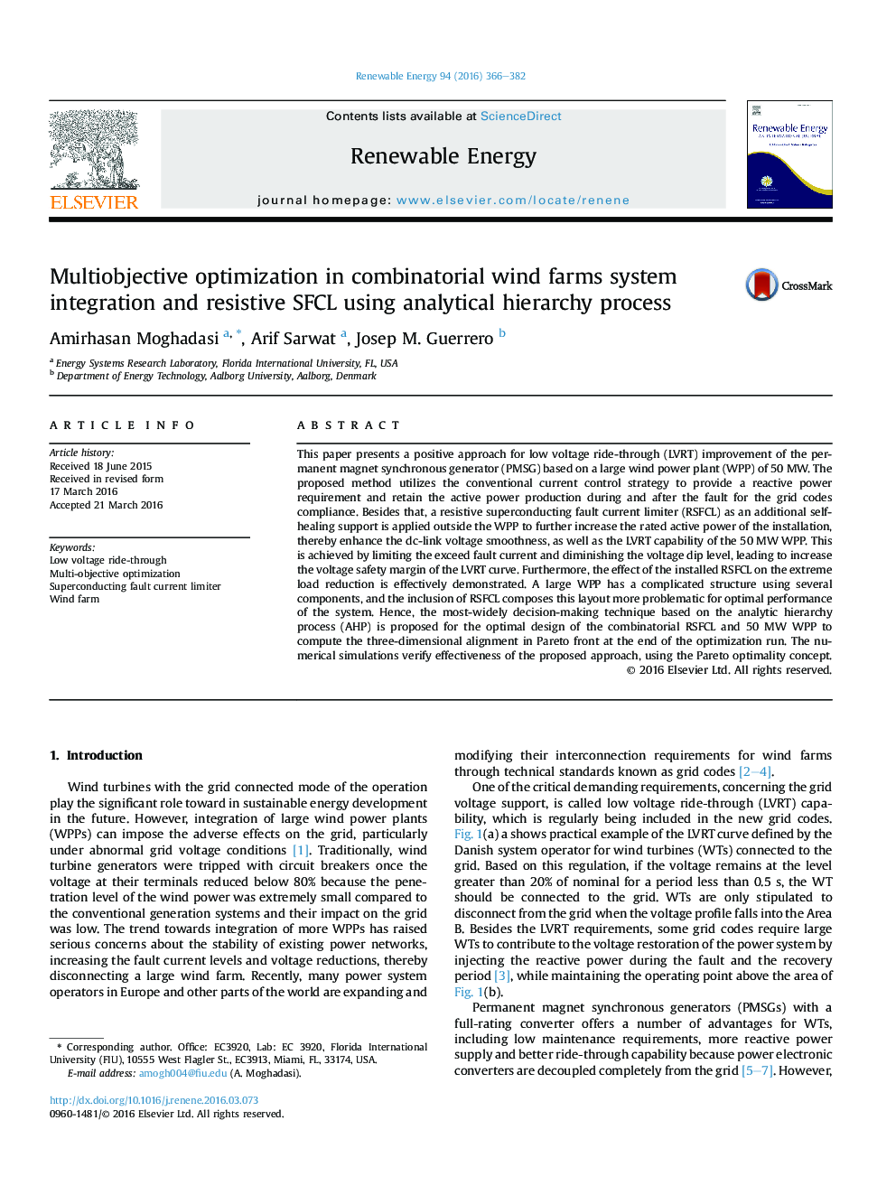 عکس صفحه اول مقاله: Multiobjective optimization in combinatorial wind farms system integration and resistive SFCL using analytical hierarchy process Multiobjective optimization in combinatorial wind farms system integration and resistive SFCL using analytical hierarchy process