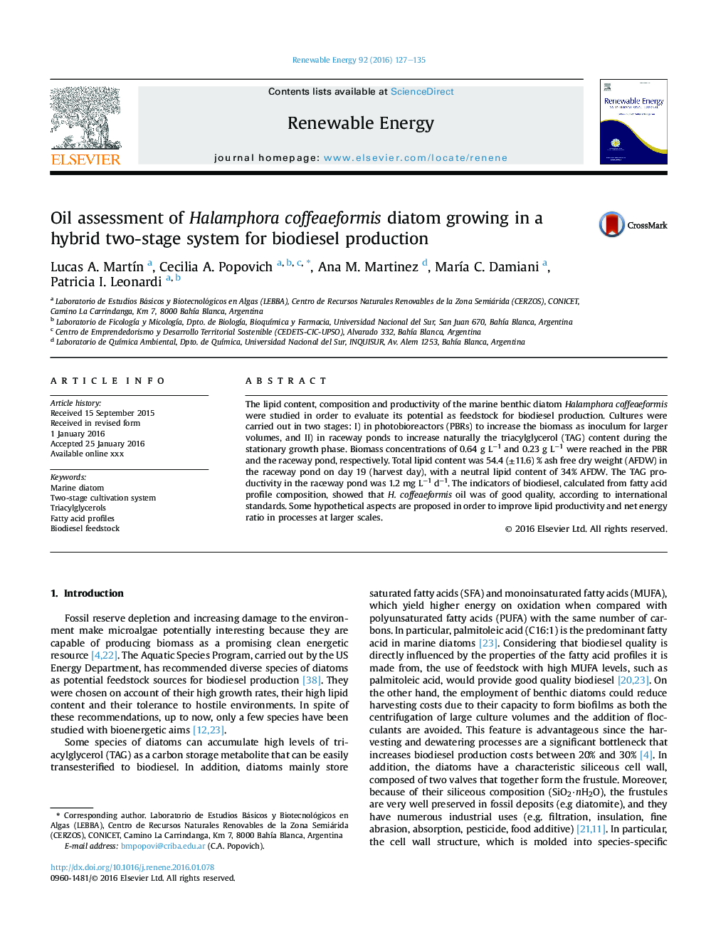 Oil assessment of Halamphora coffeaeformis diatom growing in a hybrid two-stage system for biodiesel production