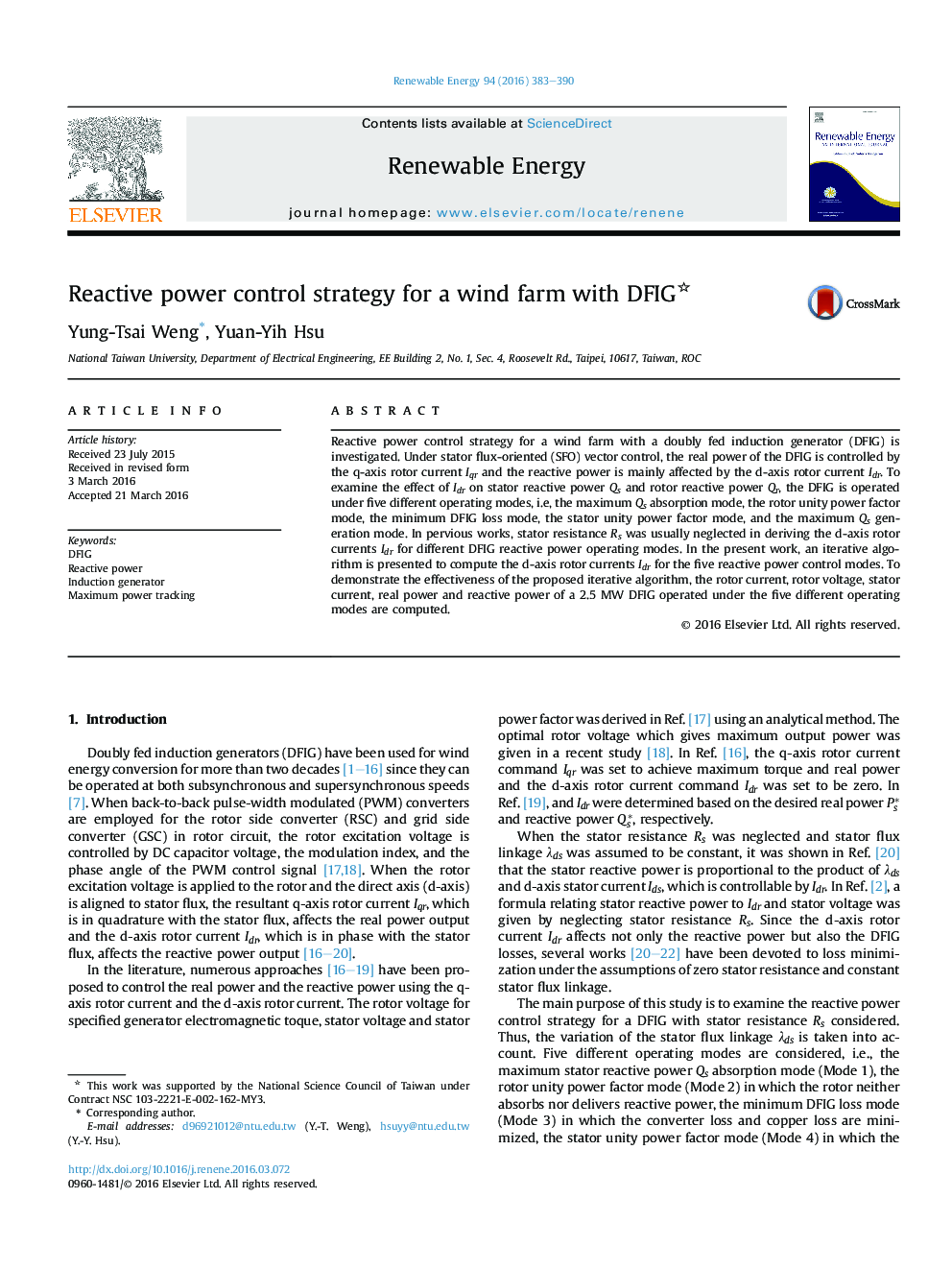 Reactive power control strategy for a wind farm with DFIG