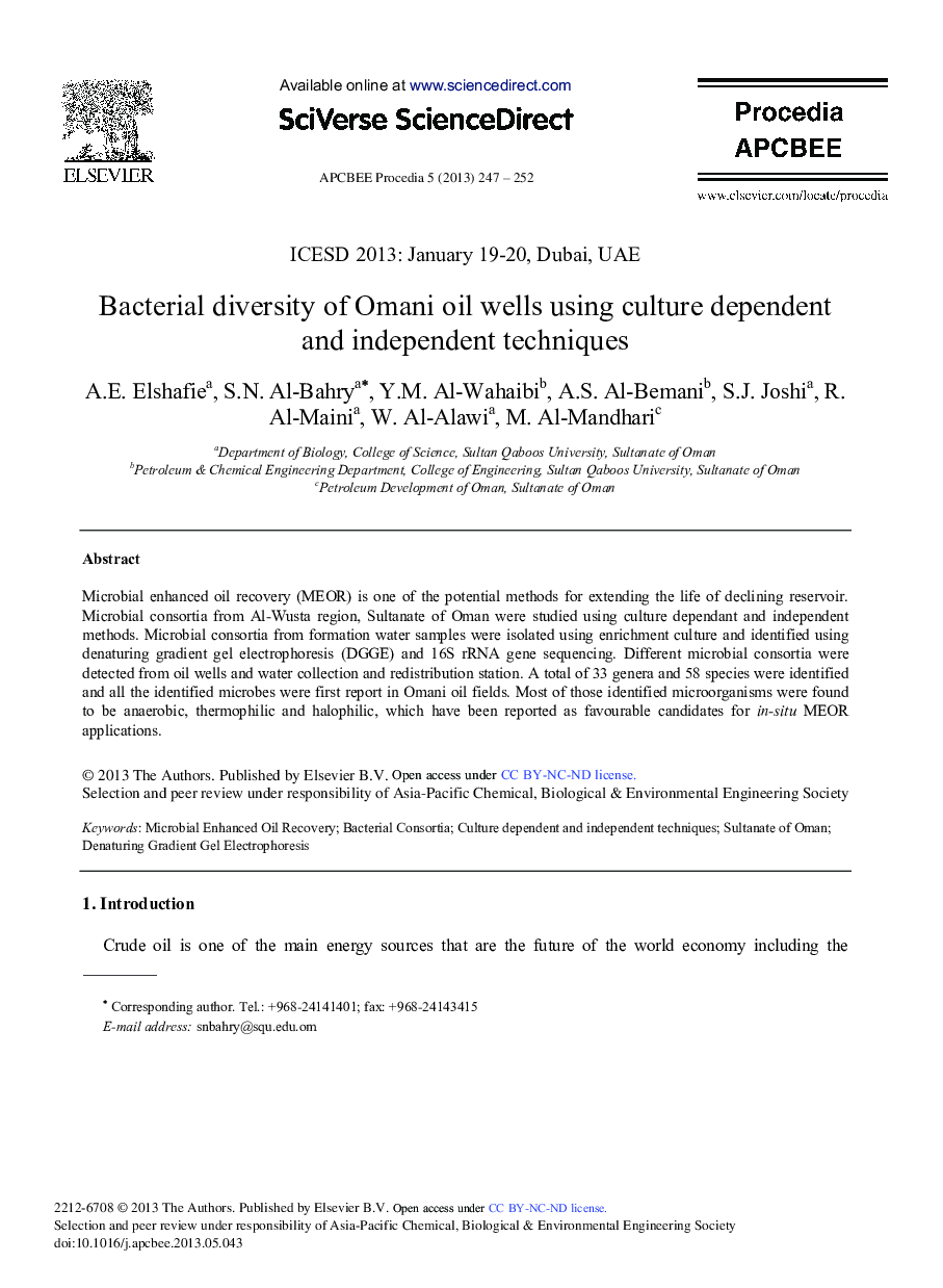 Bacterial Diversity of Omani Oil Wells Using Culture Dependent and Independent Techniques 
