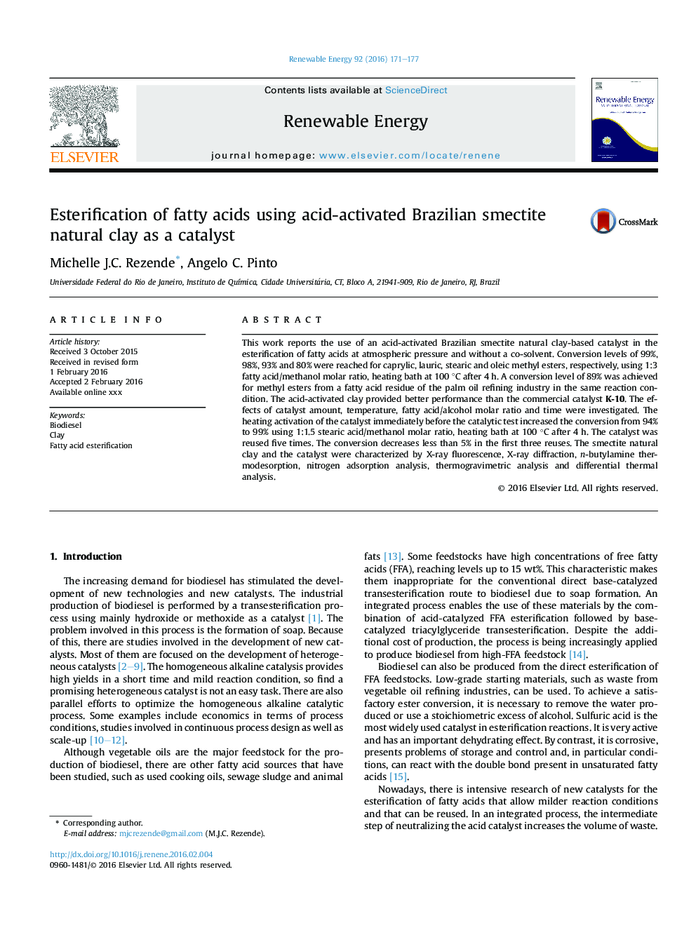 Esterification of fatty acids using acid-activated Brazilian smectite natural clay as a catalyst