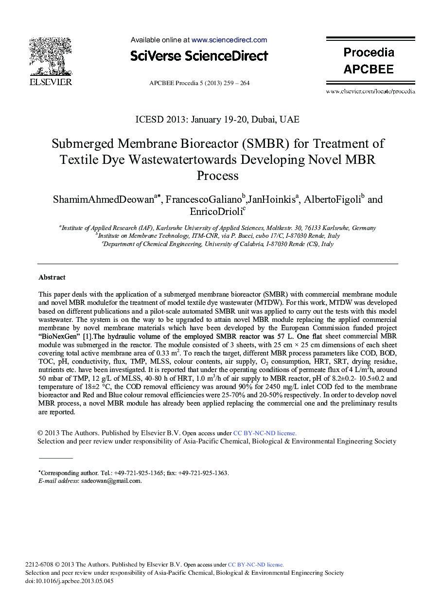 Submerged Membrane Bioreactor (SMBR) for Treatment of Textile Dye Wastewatertowards Developing Novel MBR Process 