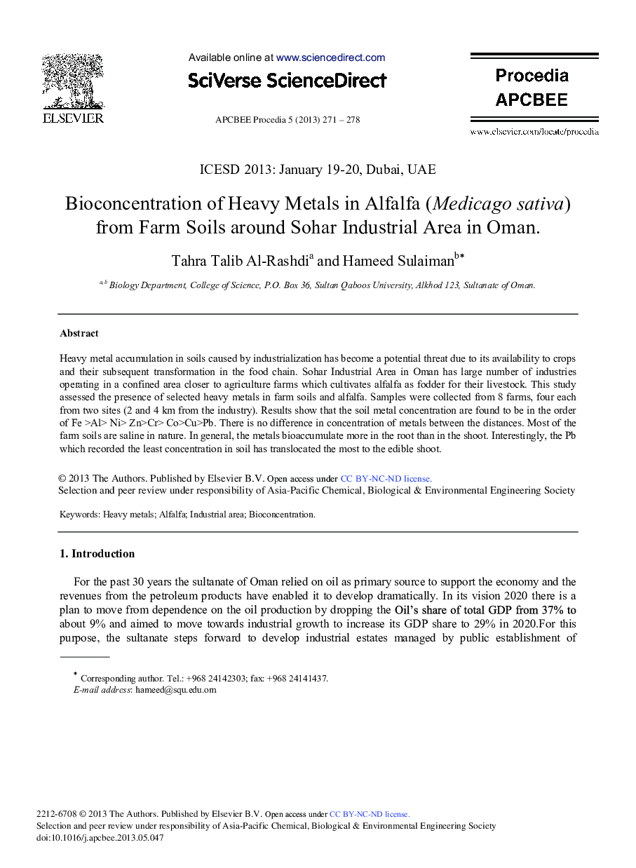 Bioconcentration of Heavy Metals in Alfalfa (Medicago sativa) from Farm Soils around Sohar Industrial Area in Oman 