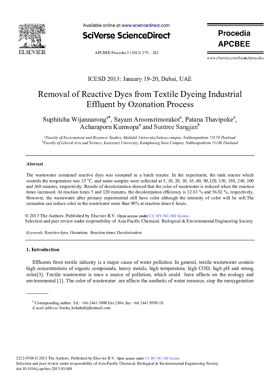 Removal of Reactive Dyes from Textile Dyeing Industrial Effluent by Ozonation Process 