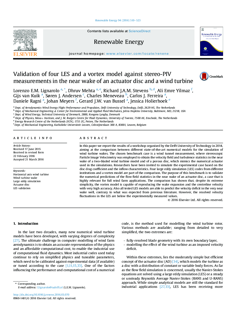 Validation of four LES and a vortex model against stereo-PIV measurements in the near wake of an actuator disc and a wind turbine