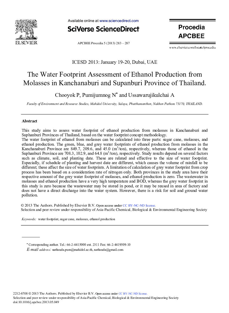 The Water Footprint Assessment of Ethanol Production from Molasses in Kanchanaburi and Supanburi Province of Thailand