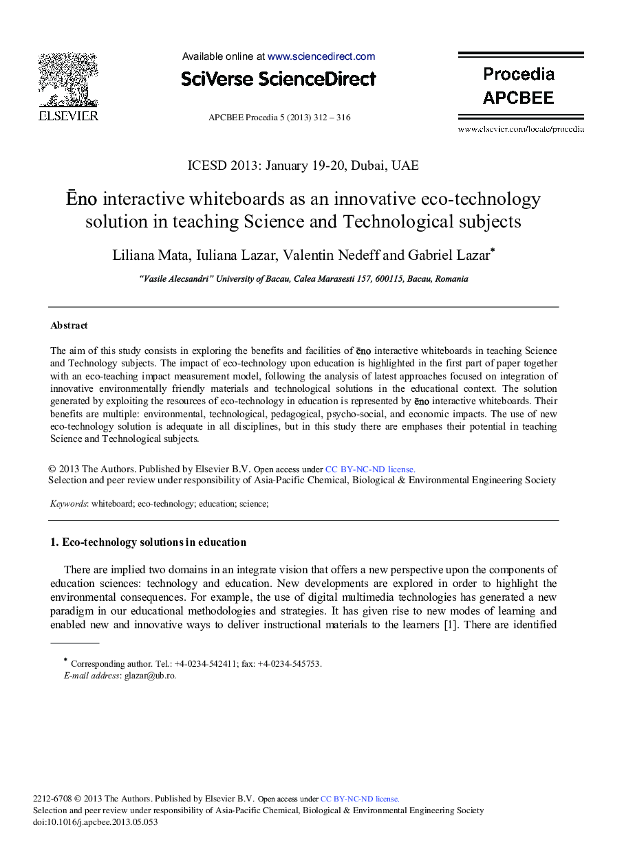 Ēno Interactive Whiteboards as an Innovative Eco-technology Solution in Teaching Science and Technological Subjects 