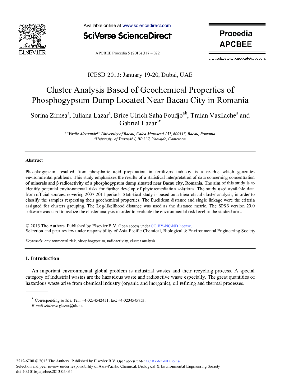 Cluster Analysis Based of Geochemical Properties of Phosphogypsum Dump Located Near Bacau City in Romania 