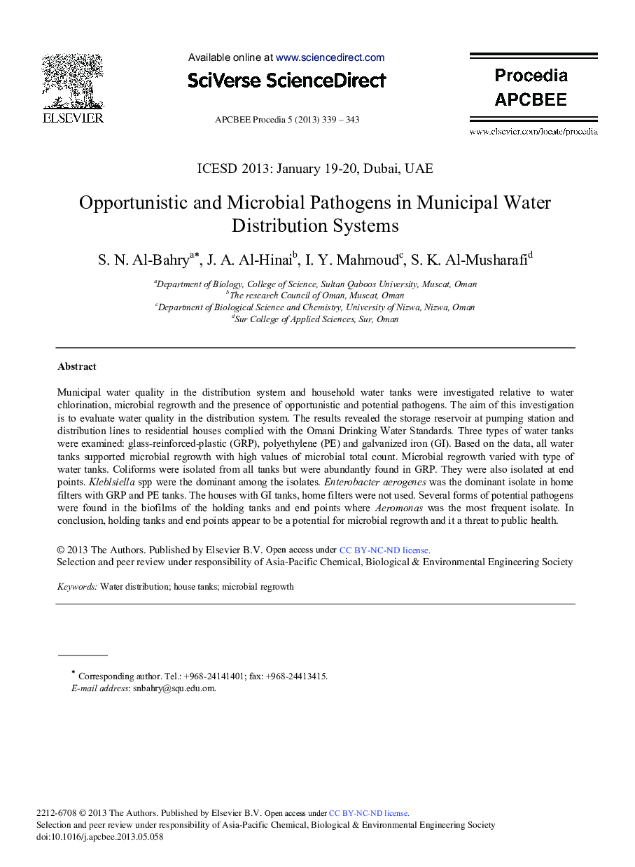 Opportunistic and Microbial Pathogens in Municipal Water Distribution Systems 