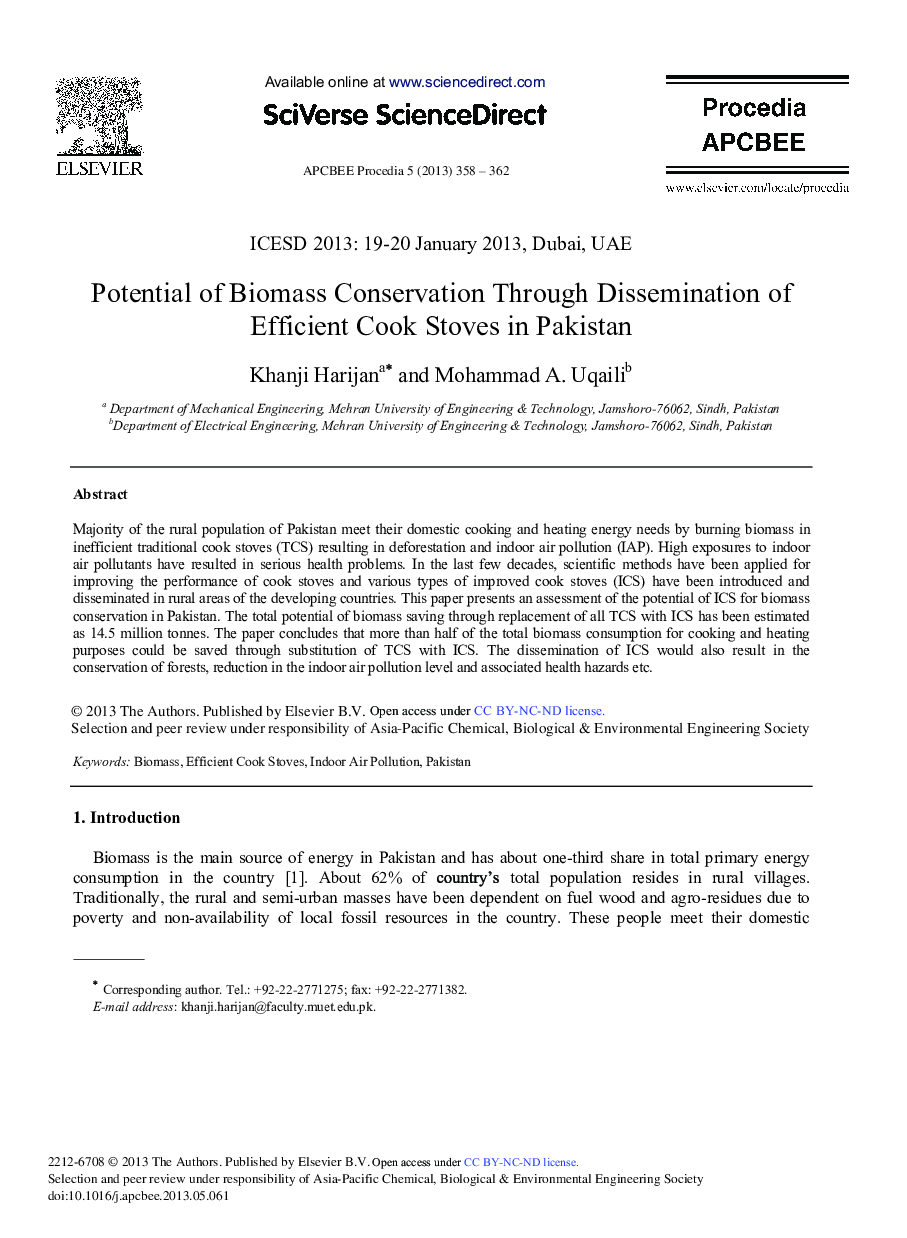 Potential of Biomass Conservation Through Dissemination of Efficient Cook Stoves in Pakistan 