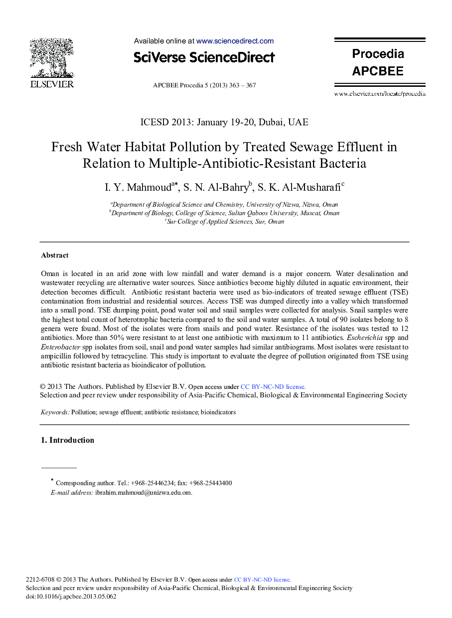 Fresh Water Habitat Pollution by Treated Sewage Effluent in Relation to Multiple-Antibiotic-Resistant Bacteria 