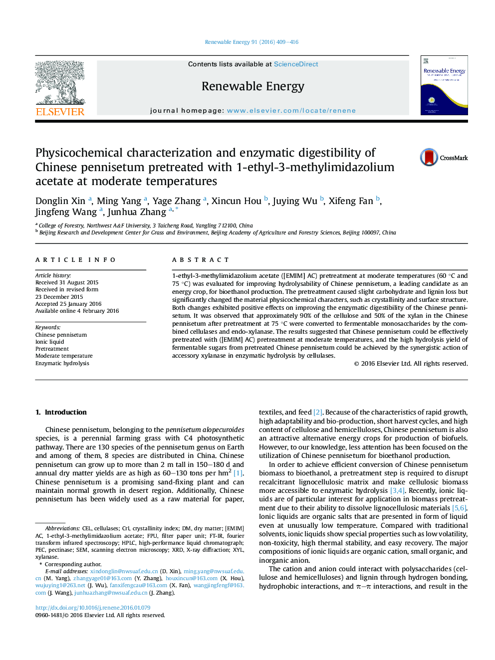 Physicochemical characterization and enzymatic digestibility of Chinese pennisetum pretreated with 1-ethyl-3-methylimidazolium acetate at moderate temperatures