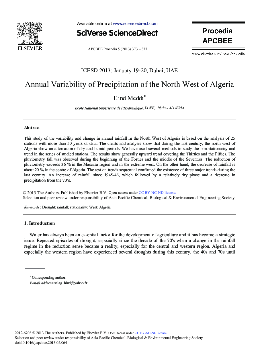 Annual Variability of Precipitation of the North West of Algeria 