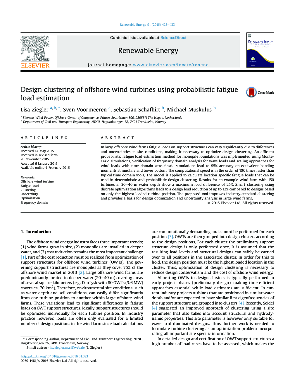 Design clustering of offshore wind turbines using probabilistic fatigue load estimation