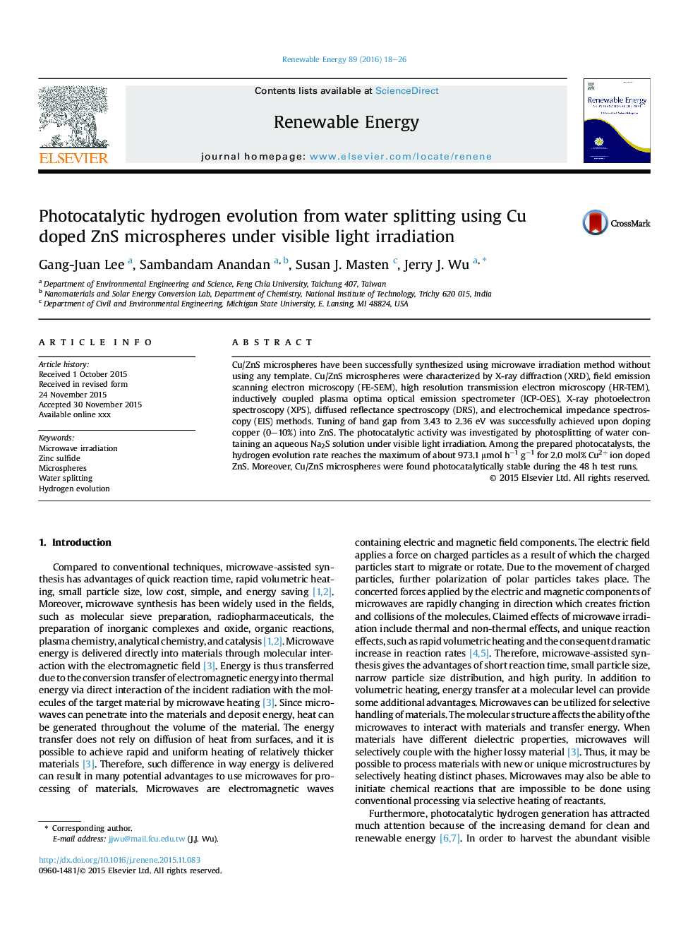 Photocatalytic hydrogen evolution from water splitting using Cu doped ZnS microspheres under visible light irradiation