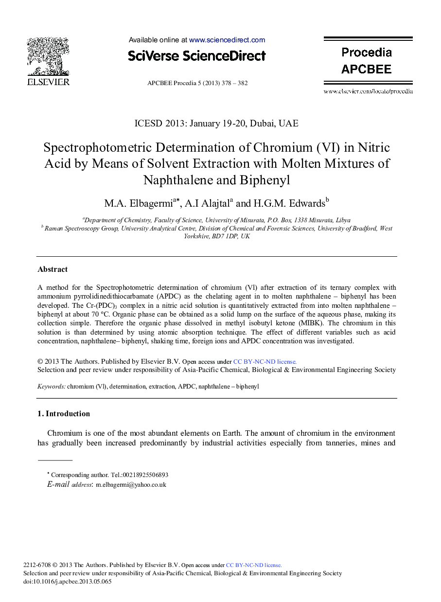 Spectrophotometric Determination of Chromium (VI) in Nitric Acid by Means of Solvent Extraction with Molten Mixtures of Naphthalene and Biphenyl 