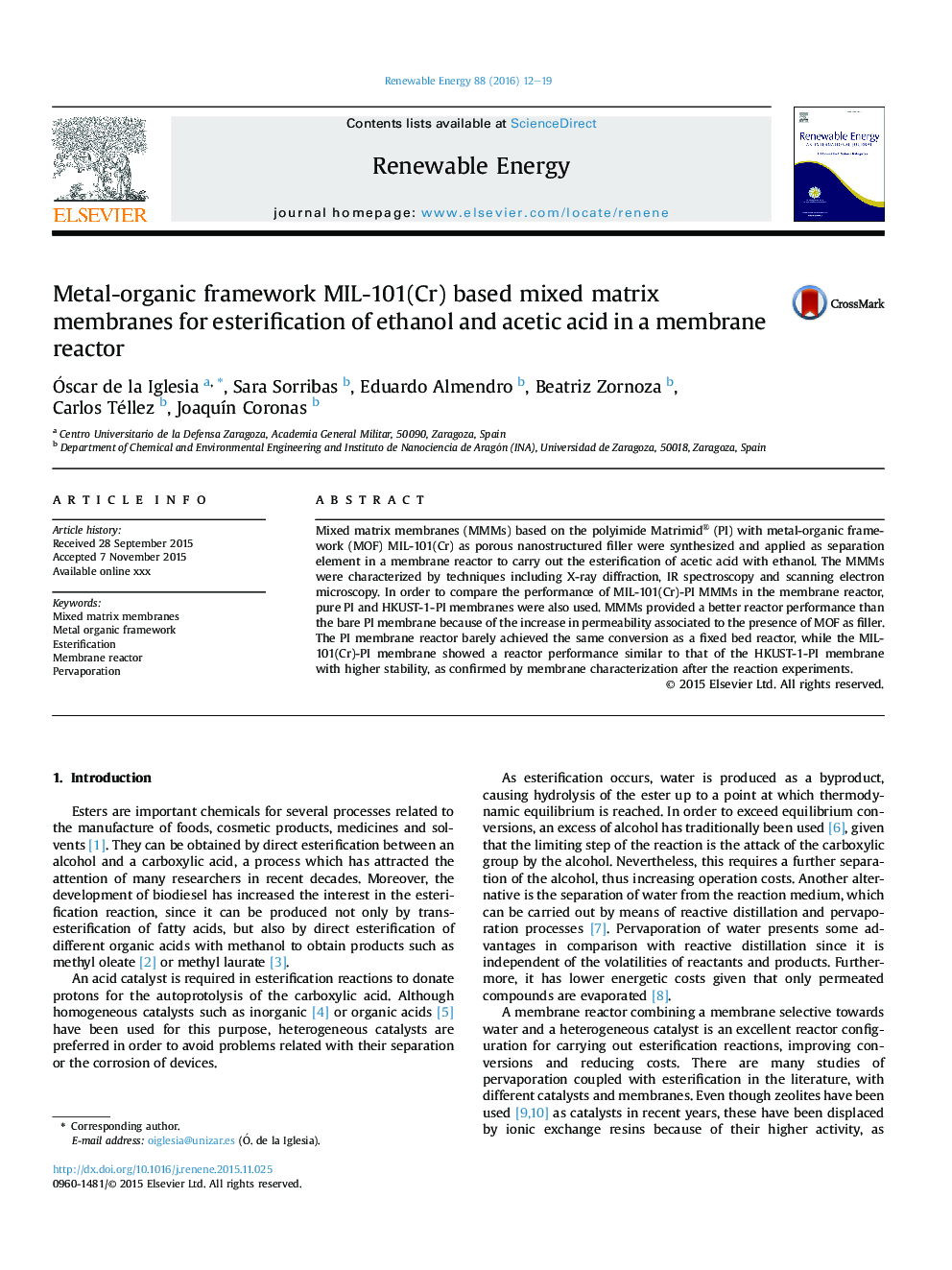 Metal-organic framework MIL-101(Cr) based mixed matrix membranes for esterification of ethanol and acetic acid in a membrane reactor