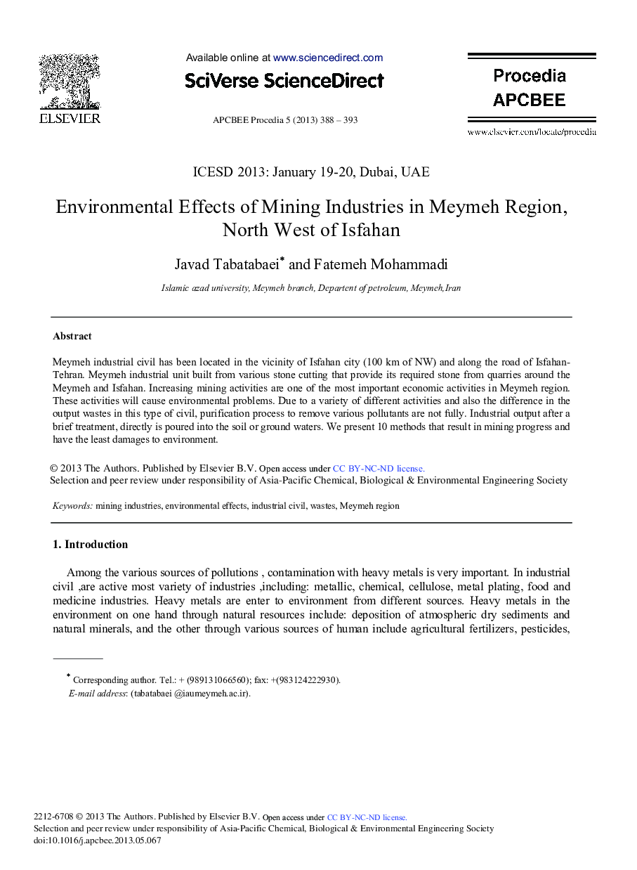 Environmental Effects of Mining Industries in Meymeh Region, North West of Isfahan 