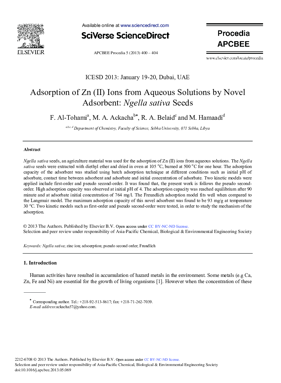 Adsorption of Zn (II) Ions from Aqueous Solutions by Novel Adsorbent: Ngella Sativa Seeds 