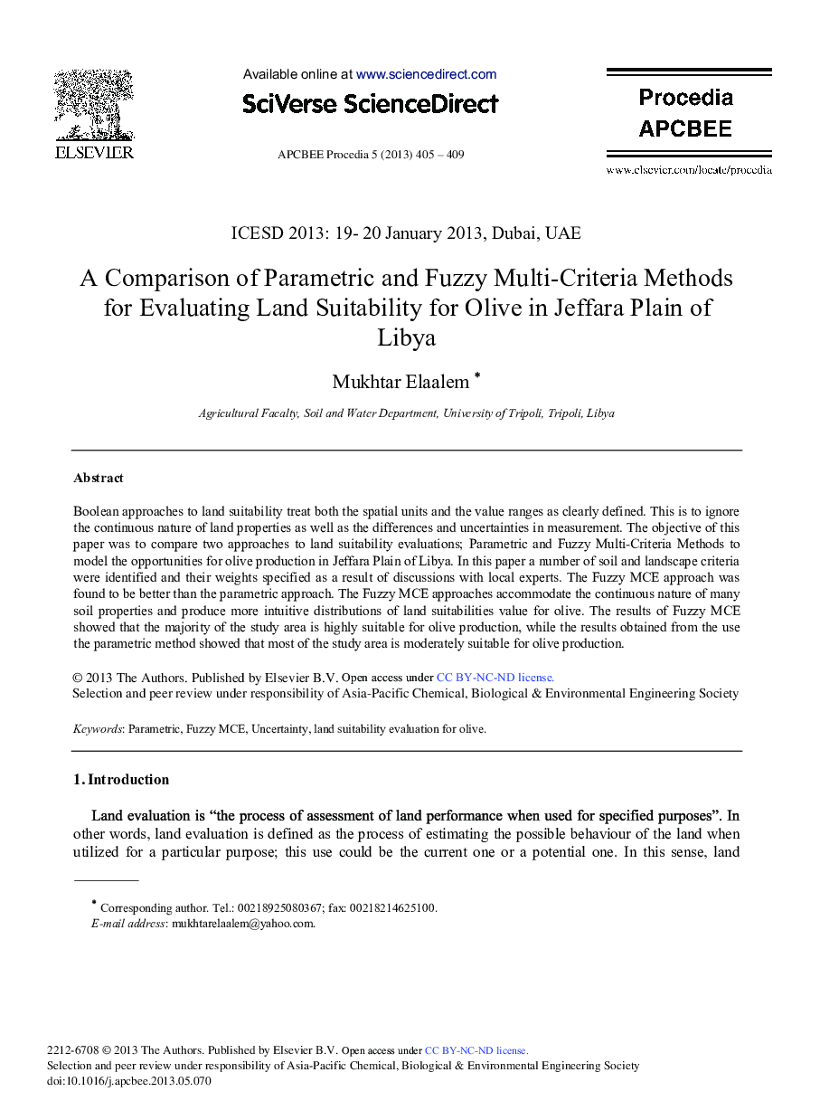 A Comparison of Parametric and Fuzzy Multi-Criteria Methods for Evaluating Land Suitability for Olive in Jeffara Plain of Libya 
