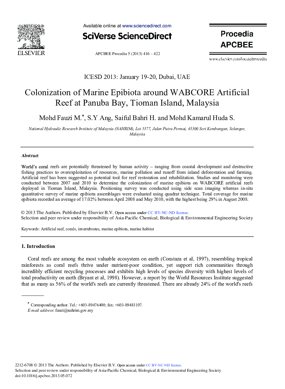 Colonization of Marine Epibiota around WABCORE Artificial Reef at Panuba Bay, Tioman Island, Malaysia 