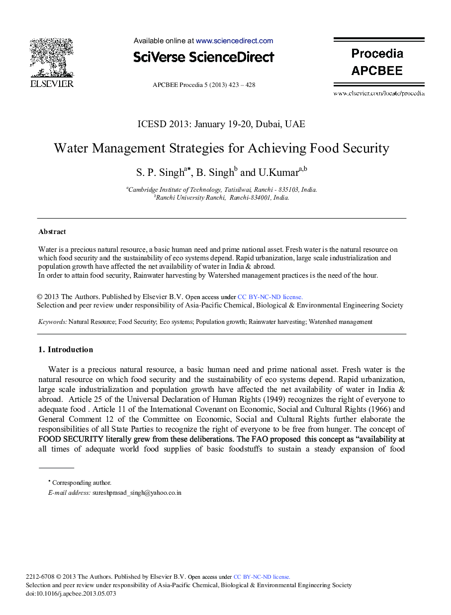 Water Management Strategies for Achieving Food Security 
