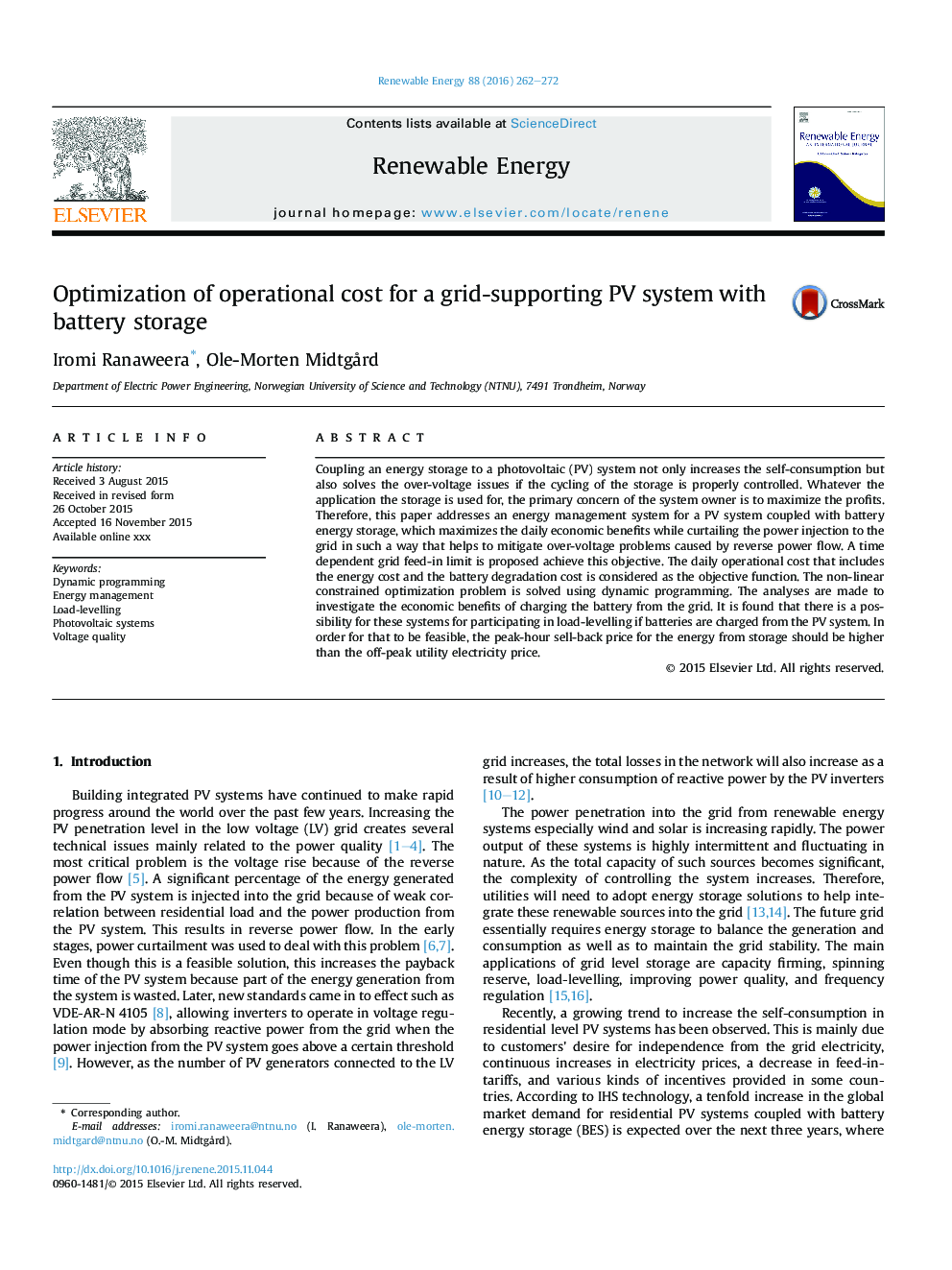 Optimization of operational cost for a grid-supporting PV system with battery storage