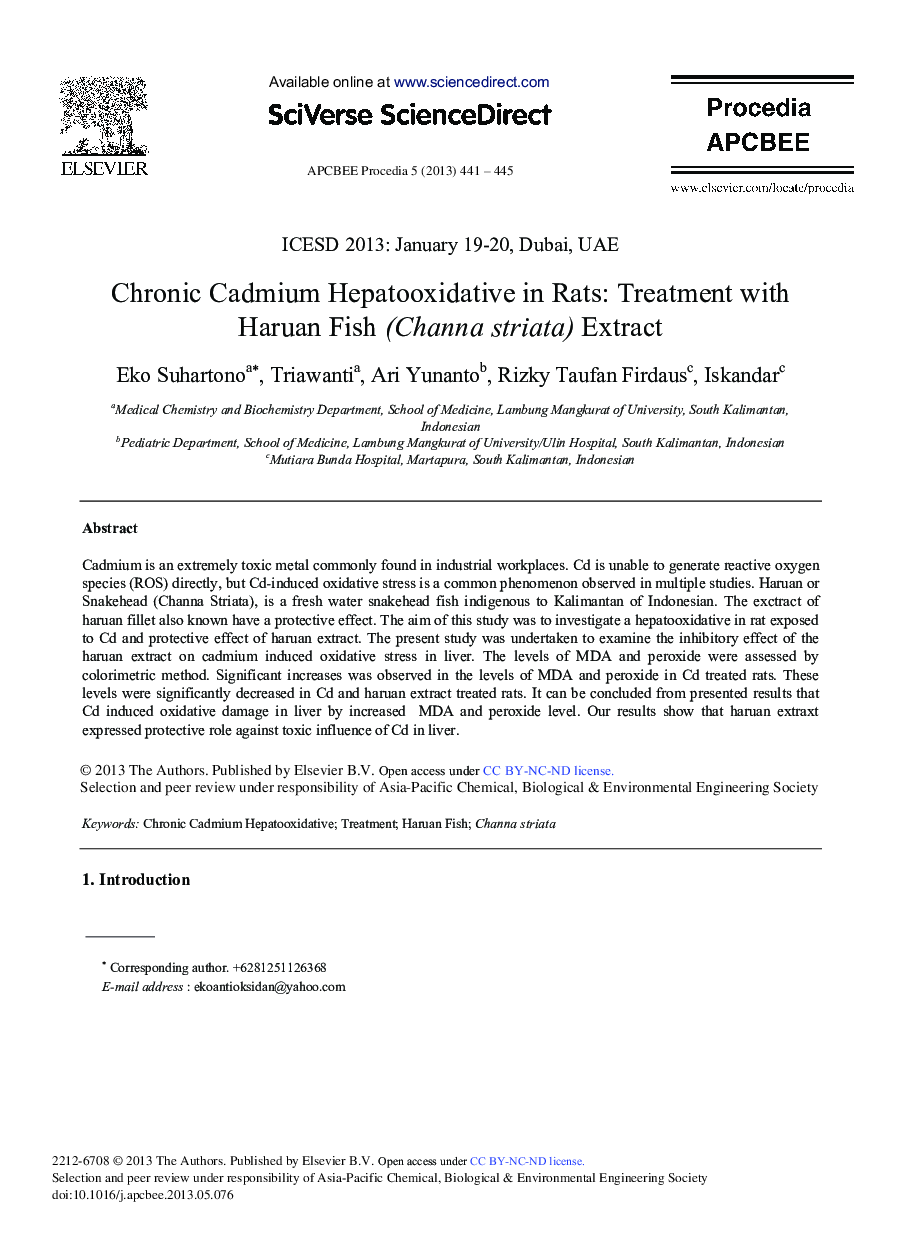 Chronic Cadmium Hepatooxidative in Rats: Treatment with Haruan Fish (Channa striata) Extract 