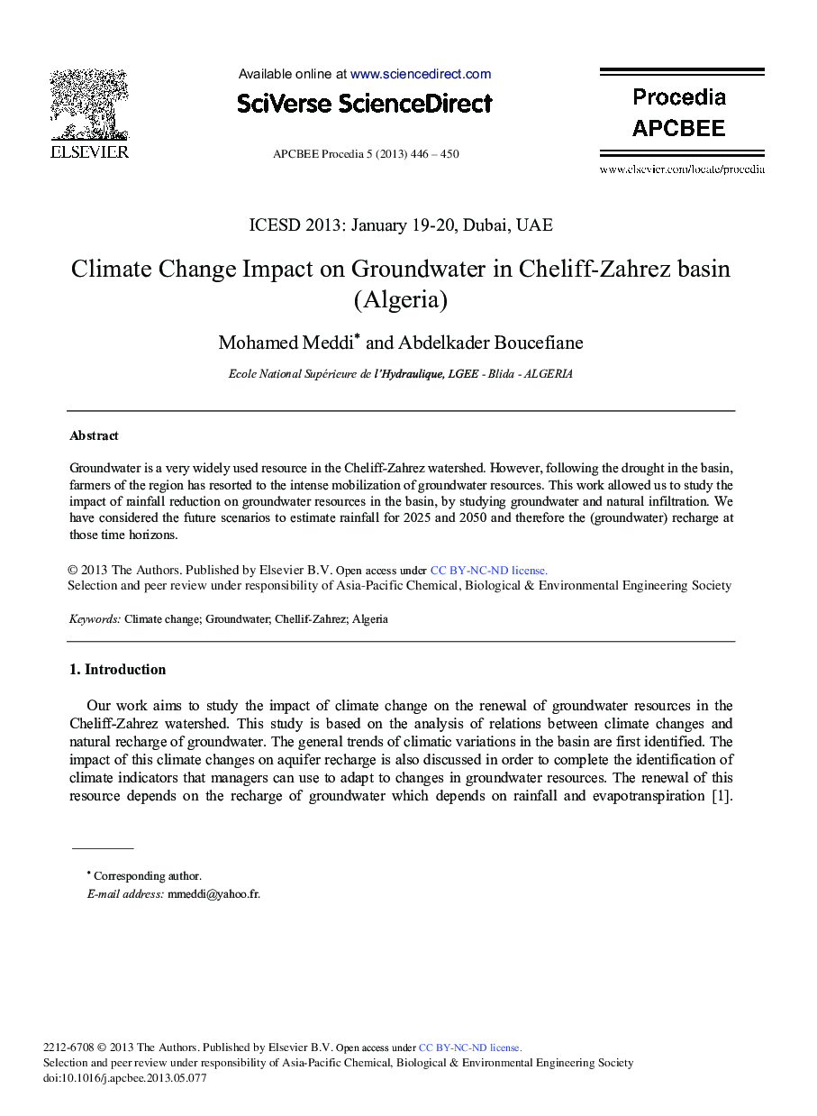 Climate Change Impact on Groundwater in Cheliff-Zahrez Basin (Algeria) 
