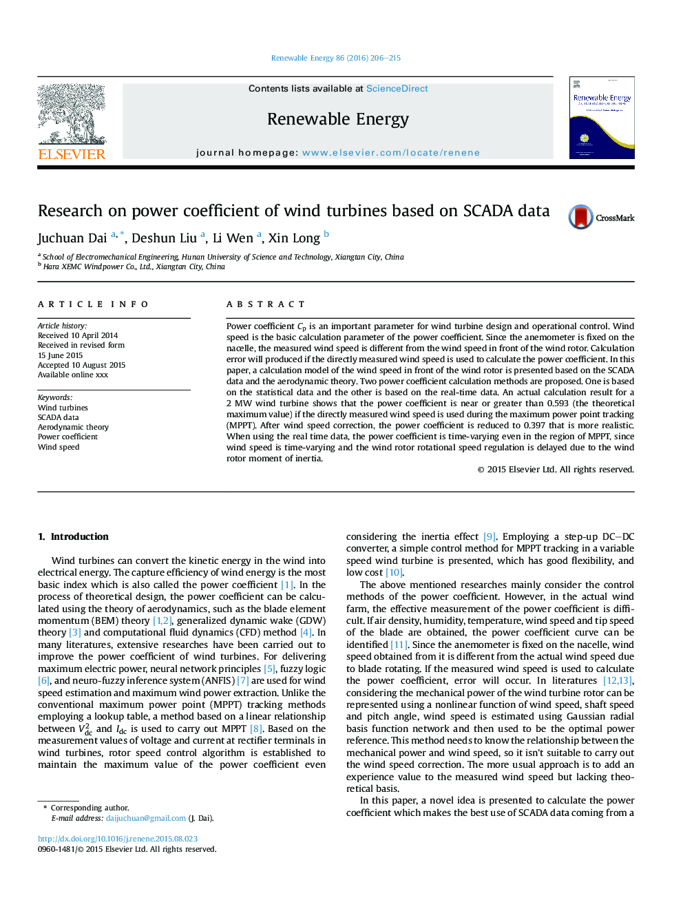 Research on power coefficient of wind turbines based on SCADA data