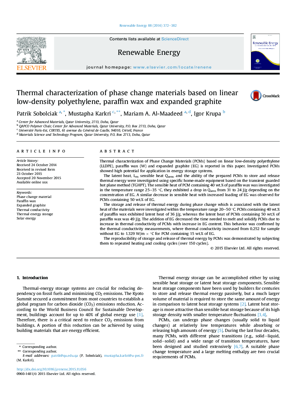 Thermal characterization of phase change materials based on linear low-density polyethylene, paraffin wax and expanded graphite